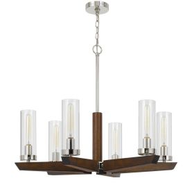60W x 6 Ercolano pine wood/metal chandelier with clear glass shade