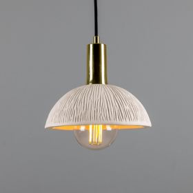 Kauri Organic Ceramic Dome Pendant Light 7.9", Matte White Striped (Option: MatteWhiteStriped, Material: PolishedBrass)
